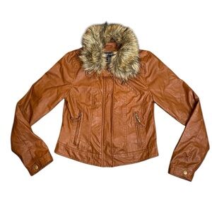 Vintage Y2K Wet Seal Women’s Size M Brown Leather Jacket Fur Collar Zip-Up - EUC